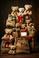 wijnoogst jute Kerstmis zakken gevulde met oud fashioned speelgoed netjes geregeld geïsoleerd Aan een rustiek bruin helling achtergrond foto