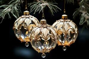 elegant vroeg 20e eeuw glas ornamenten glinsterende Aan een Kerstmis boom echoën een zin van verouderd feestelijk charme foto