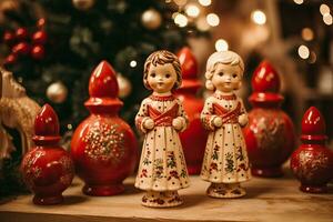 charmant keramisch beeldjes reflecterend een klassiek wijnoogst Kerstmis genesteld temidden van de feestelijk decor foto