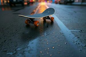 skateboard glijden vlot Aan zanderig asfalt, stedelijk avontuur in beweging ai gegenereerd foto