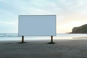 opvallend beeld van een blanco aanplakbord kader Aan een troosteloos strand, eindeloos reclame mogelijkheden ai generatief foto