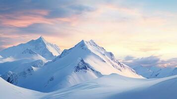 onaangeroerd besneeuwd berg landschap onder de zacht gloed van een instelling zon ai generatief foto