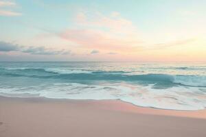 rustig strand tafereel Bij schemering met zacht zonsondergang kleuren mengen in lucht voor uitgebreid kopiëren ruimte ai generatief foto