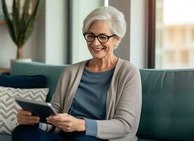 ouder vrouw is gebruik makend van tablet computer zittend Aan bankstel foto