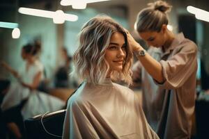 vrouw krijgen een kapsel in haar- salon. foto