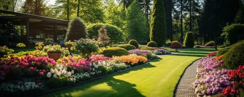 een achtertuin met gazon en bomen en bloemen foto