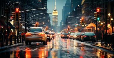 nacht besneeuwd Kerstmis Amerikaans stad nieuw york, nieuw jaar vakantie, wazig achtergrond - ai gegenereerd beeld foto