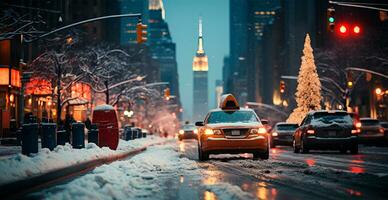 nacht besneeuwd Kerstmis Amerikaans stad nieuw york, nieuw jaar vakantie, wazig achtergrond - ai gegenereerd beeld foto