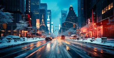 nacht besneeuwd Kerstmis Amerikaans stad nieuw york, Manhattan Oppervlakte, nieuw jaar, wazig achtergrond - ai gegenereerd beeld foto