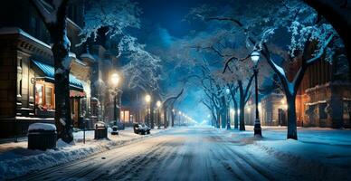 nacht besneeuwd Kerstmis Amerikaans stad nieuw york, Manhattan Oppervlakte, nieuw jaar, wazig achtergrond - ai gegenereerd beeld foto