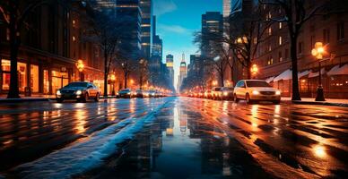 nacht besneeuwd Kerstmis Amerikaans stad nieuw york, Manhattan Oppervlakte, nieuw jaar, wazig achtergrond - ai gegenereerd beeld foto