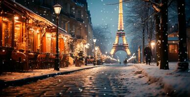 nacht besneeuwd Kerstmis Parijs, nieuw jaar vakantie, wazig achtergrond - ai gegenereerd beeld foto