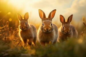 een familie van wild konijnen genieten van de gouden uur visie in een met gras begroeid veld- ai generatief foto