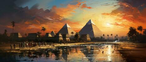 olie kleur schilderij van de Super goed piramide van Gizeh Bij zonsondergang, Egypte. ai gegenereerd. foto