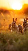 een familie van wild konijnen genieten van de gouden uur visie in een met gras begroeid veld- ai generatief foto