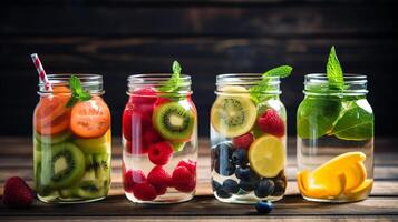 modieus assortiment van ontgiften fruit water in levendig metselaar potten Aan een rustiek houten tafelblad ai generatief foto