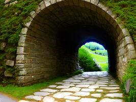 tunnel met oud steen en groen mos foto