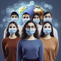 een groep van mensen vervelend gezicht maskers met de aarde in de achtergrond ai generatief foto