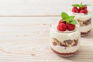 verse framboos en yoghurt met granola - gezonde voedingsstijl