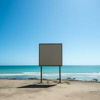 opvallend beeld van een blanco aanplakbord kader Aan een troosteloos strand, eindeloos reclame mogelijkheden ai generatief foto