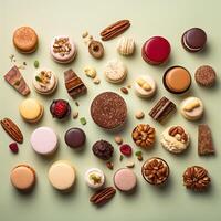 globaal toetje medley een boeiend plat leggen van tiramisu macarons en baklava ai generatief foto