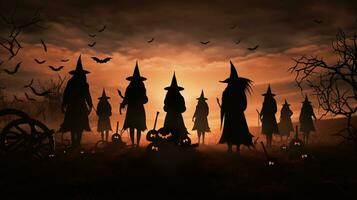 lichtgevend halloween backdrop met griezelig silhouetten, heksen, pompoenen, en levendig maanlicht ai generatief foto