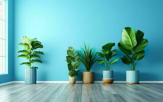 de binnen- ingemaakt planten decoratie in modern kamer met een houten verdieping en blauw muur. ai generatief foto