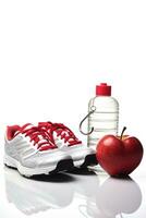 conceptuele Gezondheid en levensstijl beeld met rennen schoenen, water fles, en een hartvormig meten plakband symbool ai generatief foto