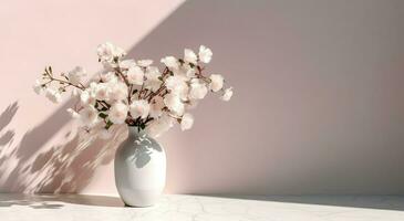 wit keramisch vaas met bloeiend bloemen takken in zonlicht van venster Aan pastel roze grijs muur schaduw Aan wit verdieping voor decoratie, luxe kunstmatig huidsverzorging schoonheid Product Scherm, ai generatief foto