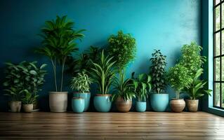 de binnen- ingemaakt planten decoratie in modern kamer met een houten verdieping en blauw muur. ai generatief foto