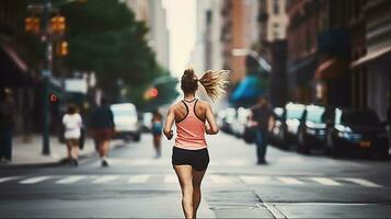 vrouw rennen Aan stad straat Bij de ochtend. generatief ai foto