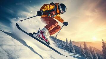 extreem winter sport- Aan berg. jumping skiër skiën. generatief ai foto