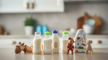 knuffels en slokjes, baby melk flessen en speelgoed creëren een zoet atmosfeer in de keuken. generatief ai foto