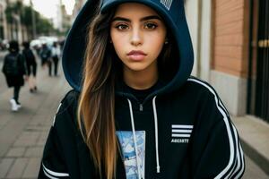 portret van een vrouw in streetwear Aan de straat. pro foto