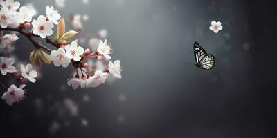 Daar is een vlinder dat is vliegend in de omgeving van een boom. generatief ai. foto