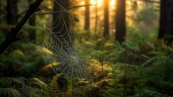 natuurkunstwerk, ein spinnennetz im wald verzaubert. generatief ai foto