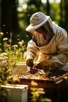 imker in minimalistische kleding neigen bijen en verzamelen honing onder zacht natuurlijk verlichting foto