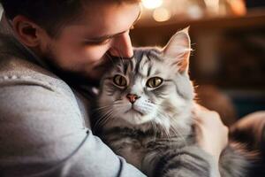 portret van jong Mens knuffelen schattig kat.huisdier concept.ai gegenereerd foto