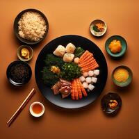 top visie van een gemakkelijk Aziatisch maaltijd ramen knoedels en sushi illustreren verschillend smaken ai generatief foto