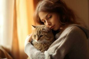 portret van jong vrouw knuffelen schattig kat.huisdier concept.ai gegenereerd foto