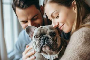 portret van Mens en vrouw knuffelen schattig Frans buldog. huisdier concept foto