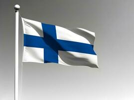 Finland nationaal vlag golvend Aan grijs achtergrond foto