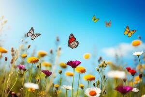 groep van vlinders fladderend over- een weide van wilde bloemen onder een wolkenloos blauw lucht ai generatief foto