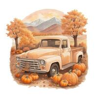 oud plukken omhoog auto Aan de achtergrond van herfst bomen, pompoenen, herfst grafiek foto