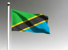 Tanzania nationaal vlag golvend Aan grijs achtergrond foto