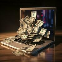 een Mens werken laptop met een hand- dollar met veel stapels van geld foto