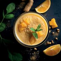 citroen en gember smoothie in een glas van een top visie foto