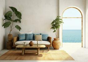 middellandse Zee poort muur naar de zee visie, Santorini interieur van modern leven kamer met bank, rustiek koffie tafel, binnen- planten in vazen, ai generatief foto
