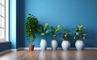 de binnen- ingemaakt planten decoratie in modern kamer met een houten verdieping en blauw muur. ai generatief foto