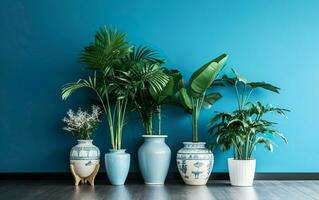 de binnen- ingemaakt planten decoratie in modern kamer met een houten verdieping en blauw muur. ai generatief foto